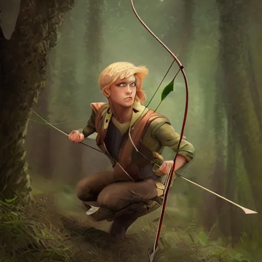 Prompt: archer boy, blonde hair, green eyes, holding bow and arrow, highly detailed, full body, in the forest, artstation, by charlie bowater