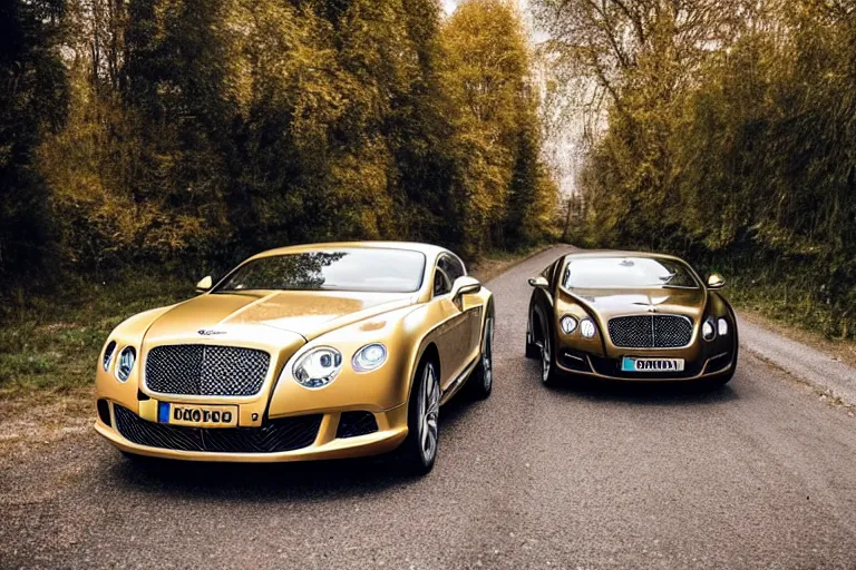 Image similar to Bentley Continental GT in shiny gold film drives along old Russian village road