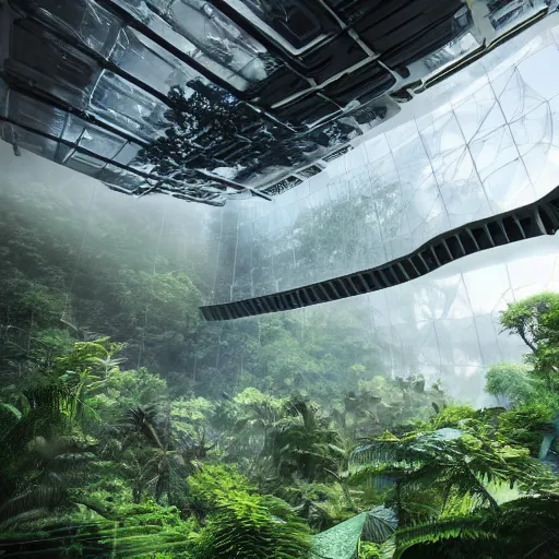 Image similar to extreme wide shot a futuristic containment building in a rainforest valley with a city in the distance, national geographic, hyper realistic, 4 k, harsh light, artstation