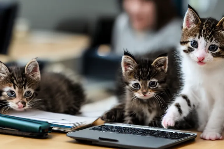 Prompt: Kittens at the office working on spreadsheets, 200mm, canon, f/22