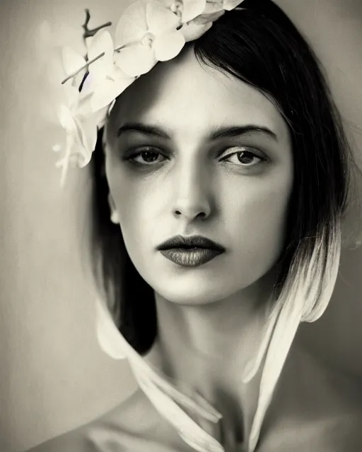 Prompt: women portrait, close - up, orchid flowers, retro, palaroid, high sharpness, zeiss lens, fashion photo shoot black and white photo, annie leibovitz, paolo roversi, greg kadel, inez vinoodh, karl lagerfel artistic, hyperrealistic, beautiful face, octane rendering