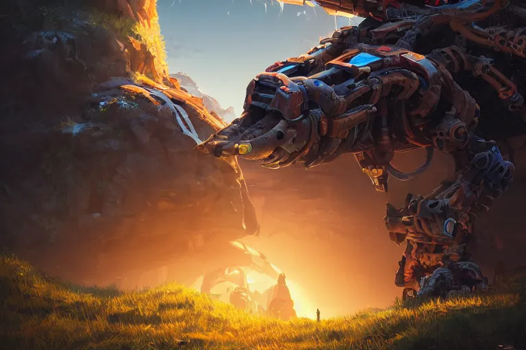 Image similar to burrower machine mecanical creature robot of horizon forbidden west horizon zero dawn radiating a glowing aura global illumination ray tracing hdr fanart arstation by ian pesty and alena aenami artworks in 4 k