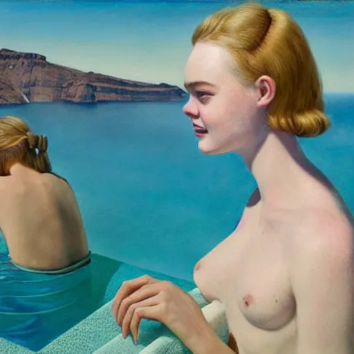 Image similar to Elle Fanning by the pool in Santorini, head and shoulders portrait, extremely detailed masterpiece, Roger Deakin’s cinematography, illustration, by Michael Sowa,