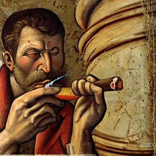 Image similar to fresco depicting Duke Nukem smoking a cigar found in a byzantine church dating back to the 12th century, intricate, highly detailed