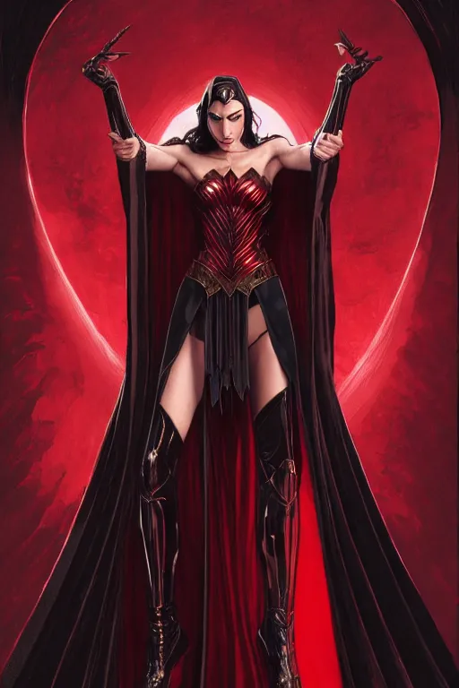 Image similar to Gal Gadot as a vampire queen, black and red silk clothing, sitting on throne, Full body shot, D&D, fantasy, intricate, elegant, highly detailed, digital painting, artstation, concept art, matte, sharp focus, illustration, hearthstone, art by Artgerm and Greg Rutkowski and Alphonse Mucha