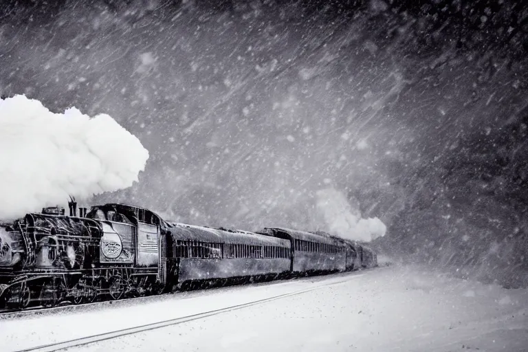 Image similar to an old locomotive rushing through snow storm in high speed, white steam on the side, dark smoke with fire! from the pipes, dynamic angled shot, speed lines, fire particles and snowflakes everywhere, 8 k, by jean - baptiste monge, 1 6 k, eerie moon eclipse cinematic scenery