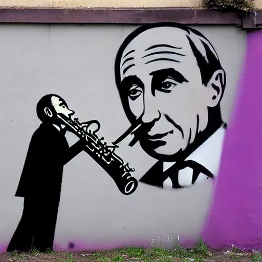 Image similar to Graffiti by Banksy of Vladimir putin playing the saxophone