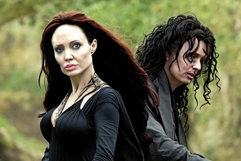 Prompt: film still Angelia Jolie as Bellatrix Lestrange in Harry Potter movie