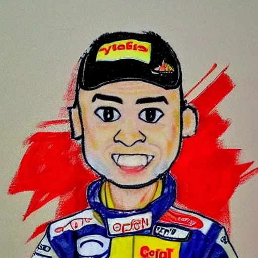 Image similar to a badly drawn picture of f 1 driver yuki tsunoda, caricature!!!, funny, crayon art, bad, beginner art