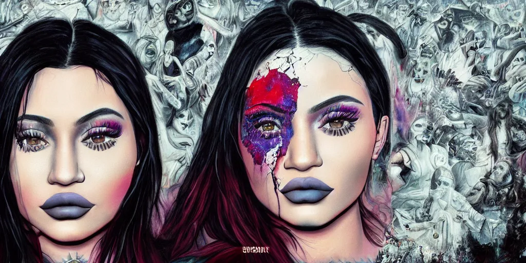 Image similar to hyper realistic kylie jenner on a tomorrow land stage in the style of a slipknot album cover, minimal art style, highly detailed, intricate, digital painting, artstation, 3 5 mm film grain