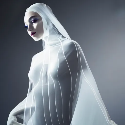 Prompt: high fashion photography of a model in neo futurism white sci - fi transparent cloth, beautifully lit