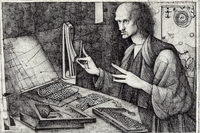 Prompt: ! dream an annoyed curly - haired persian guy programmer by leonardo davinci, hieronymous bosch, mc escher