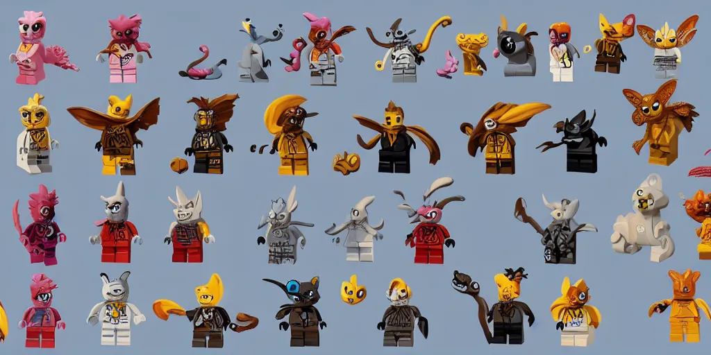 Image similar to small creatures called critters, made out of only 5 lego bricks. cute looking, kawaii, sharp focus, moebius, character sheet, game concept art, brush work