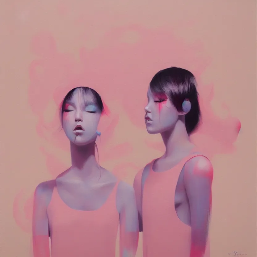 Prompt: fine art figurative painting with modern western music pop culture influences by yoshitomo nara in an aesthetically pleasing natural and pastel color tones