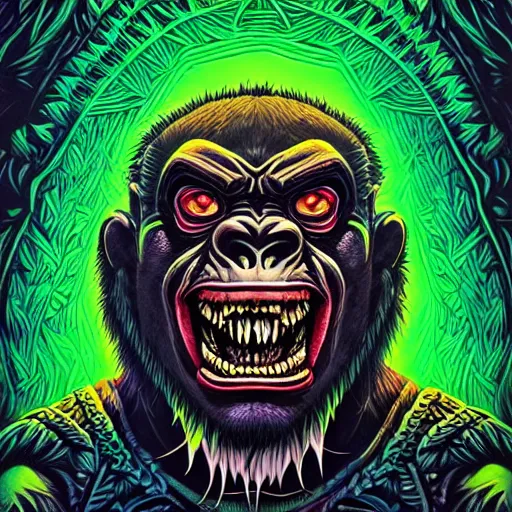 Image similar to barong family member, wiwek, mara demon, one single tribe member, jungle, one single mask, dark, ancient warrior, maniacally laughing grumpy gorilla, lizard, tribal, inner glow, art by dan mumford and justin gerard