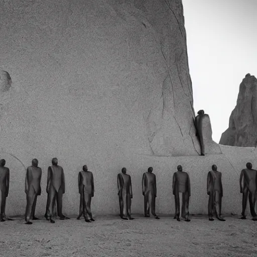 Image similar to Contamporary art fashion photography of ultra mega super hyper realistic detailed group of monkey's in suits standing around very highly detailed stainless steel monolith situated in the desert. Photo shot on ultra mega super hyper Leica Camera