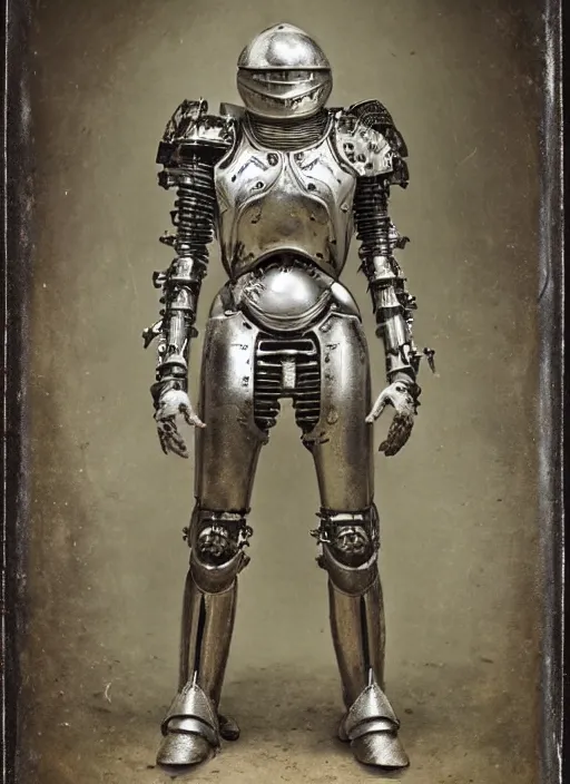 Image similar to old 1 9 th century wetplate daguerreotype portrait of a futuristic silver armored knight district 9 cyborg, fractal, intricate, elegant, highly detailed, subsurface scattering, by jheronimus bosch and greg rutkowski,