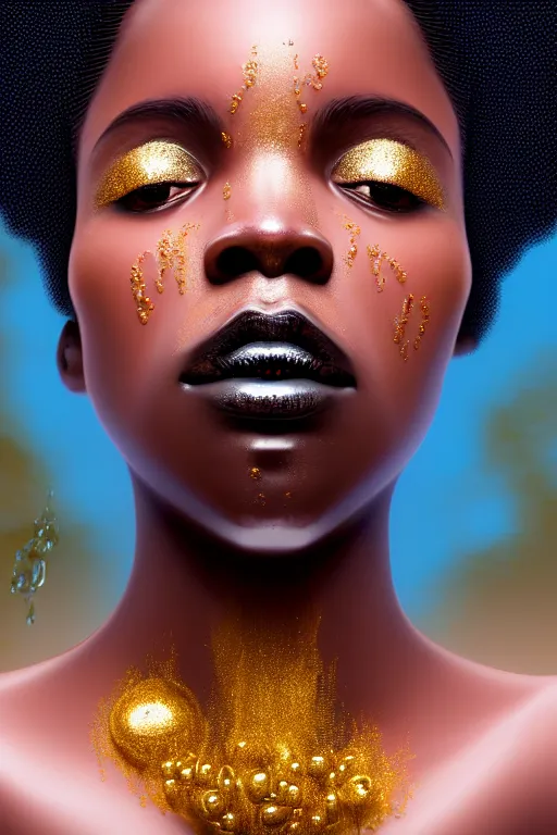Prompt: hyperrealistic precisionist cinematic profile very expressive! black oshun goddess, in water! up to shoulders, mirror dripping droplet!, gold flowers, highly detailed face, digital art masterpiece, smooth eric zener cam de leon, dramatic pearlescent turquoise light on one side, low angle uhd 8 k, shallow depth of field, double exposure photography