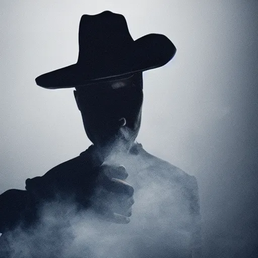 Image similar to mysterious man in black suit and black hat, he has a pistol, smoke, fog, mysterious, 4 k, highly detailed, digital art, strong shadows, high contrast, epic scene, atmospheric, blue colours