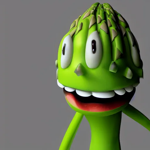 Prompt: poorly rendered 3 d asparagus character with scary face