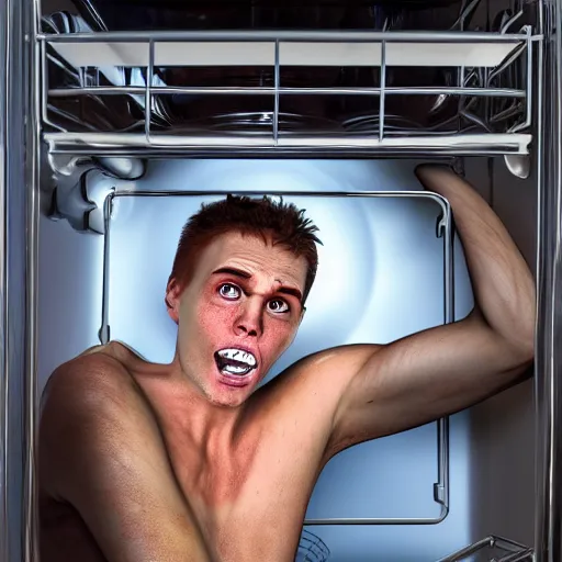 Image similar to jerma 3 4 5 1 stuck in the dishwasher he can't get out, realistic, hdr, clear image, hdd, dynamic lighting,