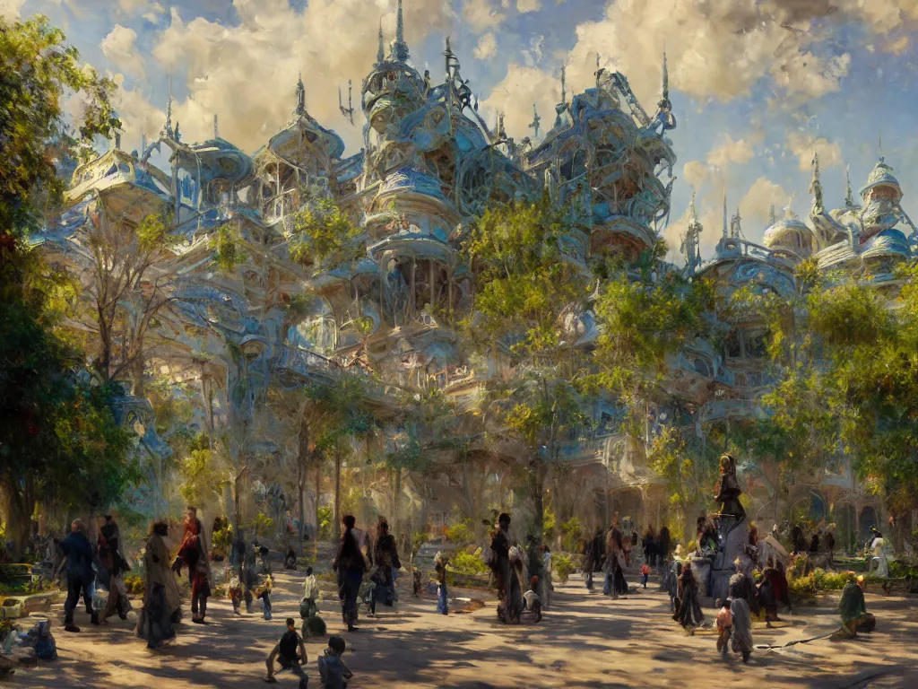 Image similar to impressionist brushstrokes!!!! solomon joseph solomon and richard schmid and jeremy lipking victorian loose genre loose painting of a busy elaborate ornate outdoor sci - fi park, cinematic, shadows, partly cloudy day, 4 k, detailed, by zaha hadid and beeple