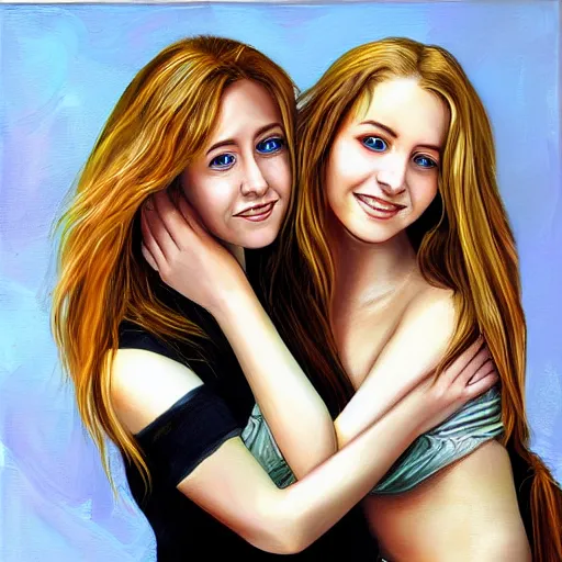 Image similar to a painting two young women in their 2 0 s hugging, they are both beautiful with long blond hair, highly detailed, digital art