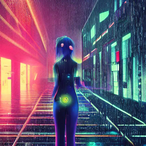 Image similar to hyperdetailed beautiful girl in the rain interacting with a holographic interface on a wall in a future cyber punk style city trending on cgsociety