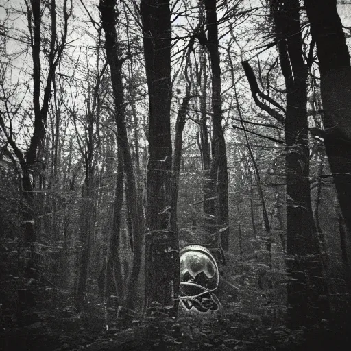 Image similar to grainy trail cam photo still of an alien in the woods at night hiding in the trees of a forest