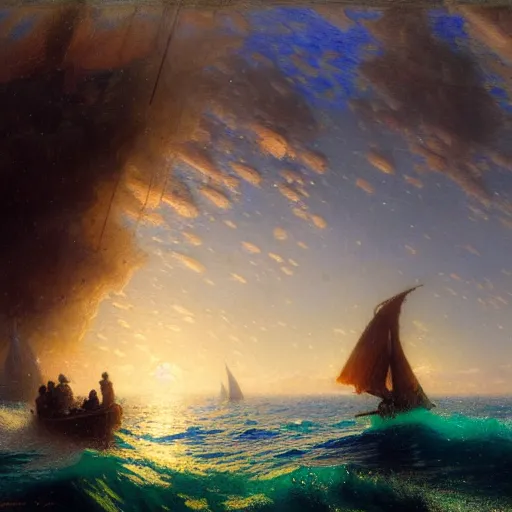 Image similar to point of view of deep in the ocean looking up, you see fishes, higher the milk way, night time, midnight. highly detailed painting by gaston bussiere, greg rutkowski 8 k