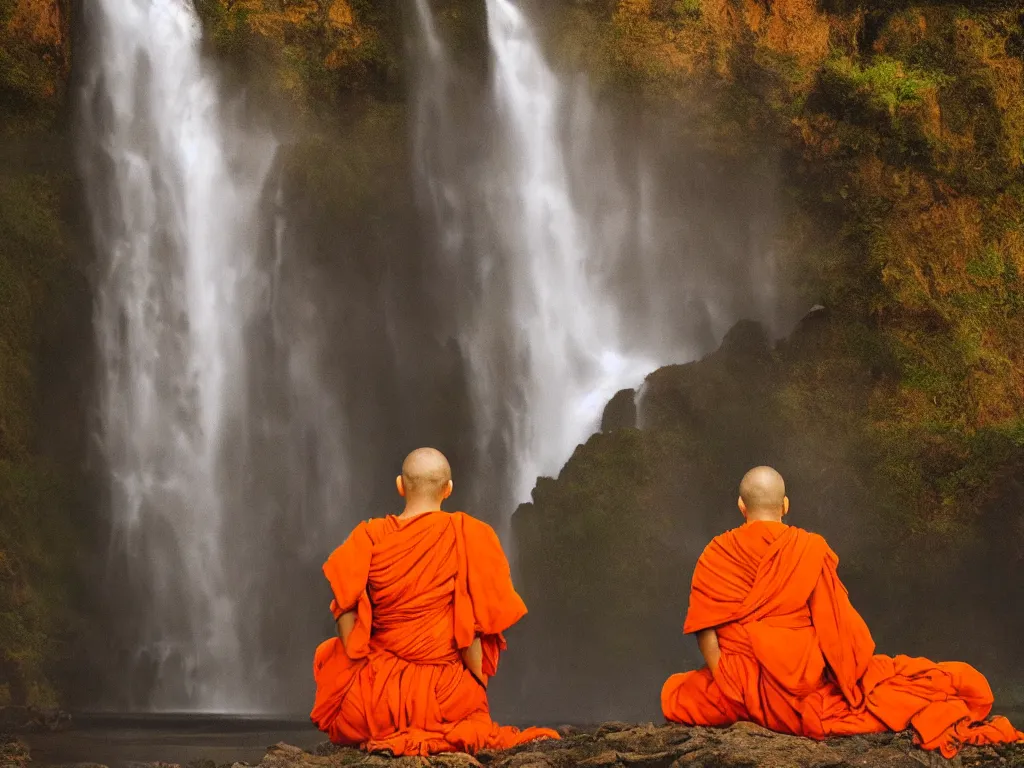 Image similar to dang ngo, annie leibovitz, steve mccurry, a simply breathtaking shot of mediating monk in orange, giantic waterfall, bright moonlight, golden ratio, wide shot, symmetrical