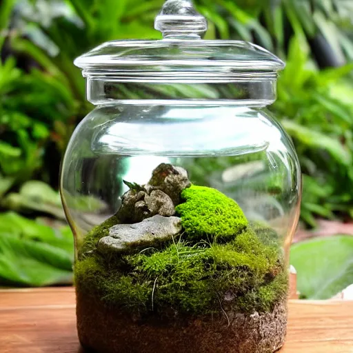 Image similar to a terrarium jar with moss and stone, tropical style