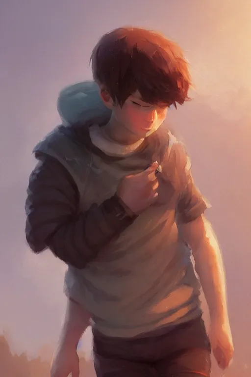 Image similar to Full body portrait of a short!, overweight!! teenage boy, medium length brown hair and fringe, eyes half closed, mouth open, not intelligent, standing in road, by Jordan Grimmer and Wojtek Fus and greg rutkowski, Trending artstation, cinematográfica, digital Art