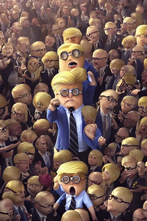 Prompt: trump with blond hair as a minion standing in front of a riot, anime style, intricate, portrait, 8 k highly professionally detailed, hdr, cgsociety