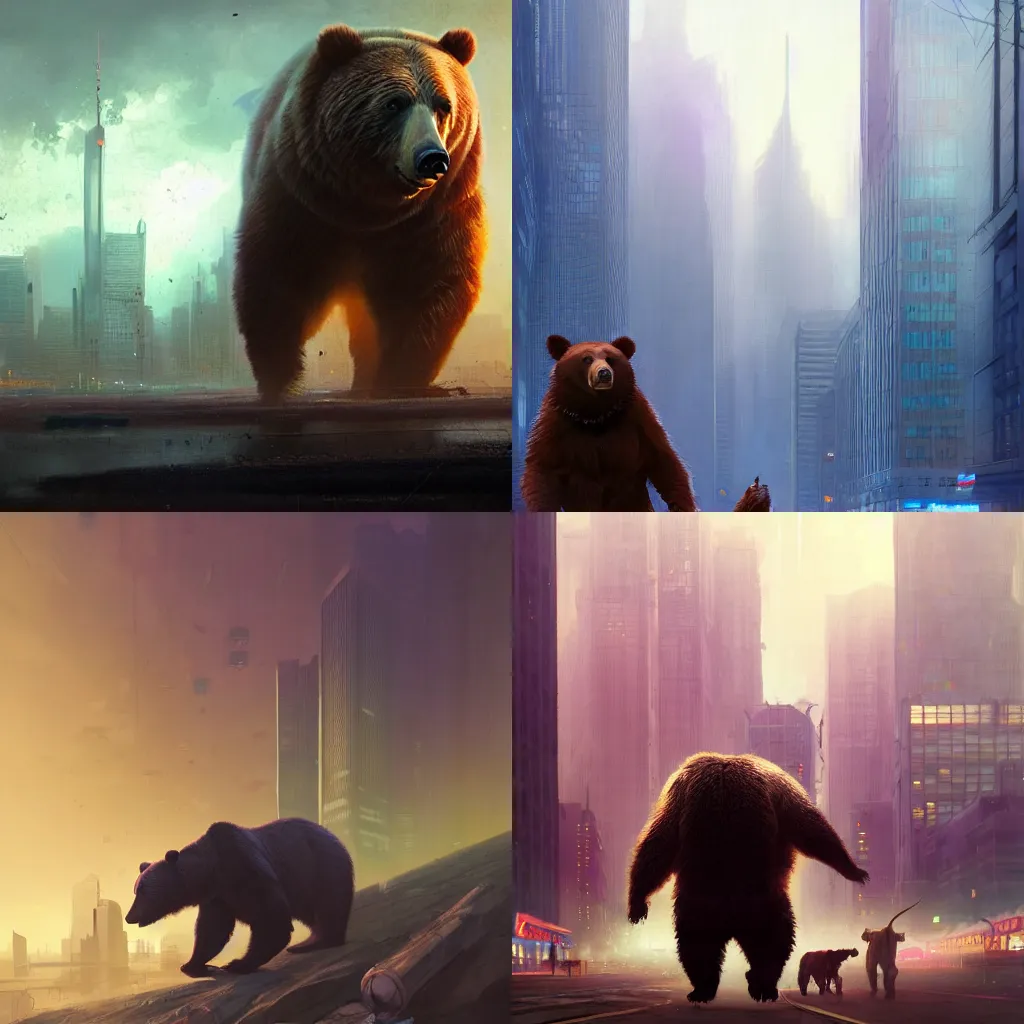 Prompt: An epic bear dressed as a Wall Street financial trader in a colossal sci-fi city, by Simon Stalenhag, by Ruan Jia, by Marc Simonetti, masterpiece, cinematic composition, beautiful lighting, dynamic, dramatic, sharp, trending on artstation, featured on pixiv, 8K