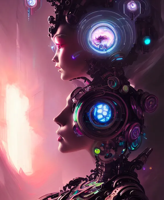 Prompt: whirlwind souls rushing inside metaverse, half body, tiara, robotic, android, cyborg, cyberpunk face, steampunk, by loish, d & d, fantasy, intricate, elegant, highly detailed, colorful, vivid color, digital painting, artstation, concept art, art by artgerm and greg rutkowski and ruan jia