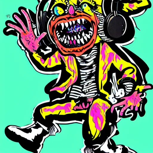 Image similar to todd mcfarlane art, psychedelic laughing demon, rocking out, headphones dj rave, digital artwork, r. crumb, svg vector