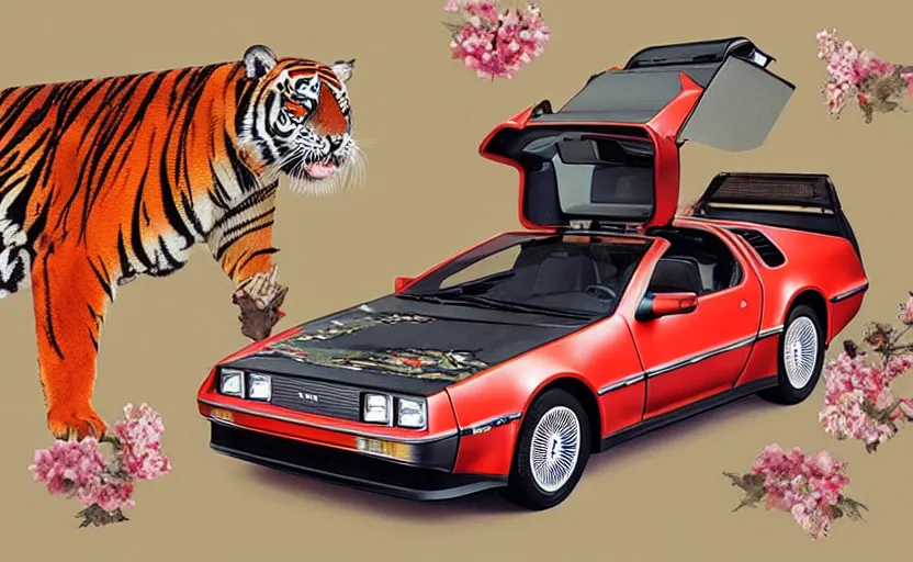 Image similar to a red delorean with a yellow tiger, art by hsiao - ron cheng and utagawa kunisada in a magazine collage, # de 9 5 f 0