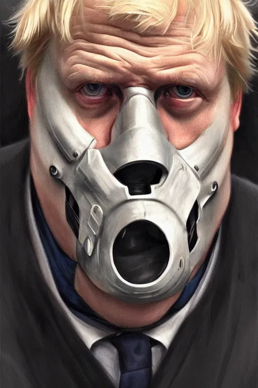 Image similar to Boris Johnson as a Bane from Dark Knight, Boris Johnson hairstyle, realistic portrait, symmetrical, highly detailed, digital painting, artstation, concept art, smooth, sharp focus, illustration, cinematic lighting, art by artgerm and greg rutkowski and alphonse mucha