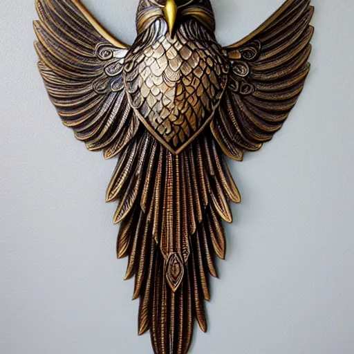 Image similar to gorgeous ornated bronze realistic detailed sacred falcon wall decoration with filigree