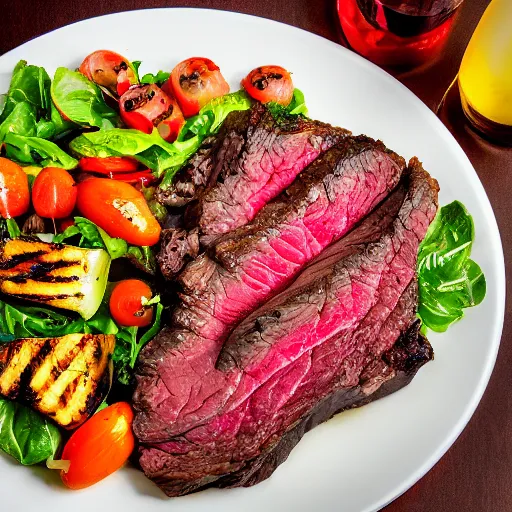 Prompt: photo of a lavish and exquisite dinner, including a large seasoned steak with a salad, with a grilled and a seasoned vegetable medley on the side, mouthwatering, studio advertising photography, f/1.8 32mm HDR