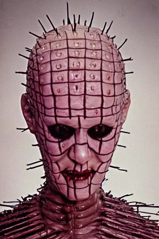 Prompt: vintage analog portrait of a female pinhead from the movie hellraiser, very attractive and beautiful, warm tones, depth of field, color bleed, heavy film grain