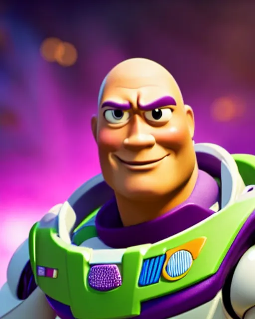 Image similar to Film still close-up shot of Dwayne Johnson as Buzz Lightyear in the movie Toy Story 3. Photographic, photography