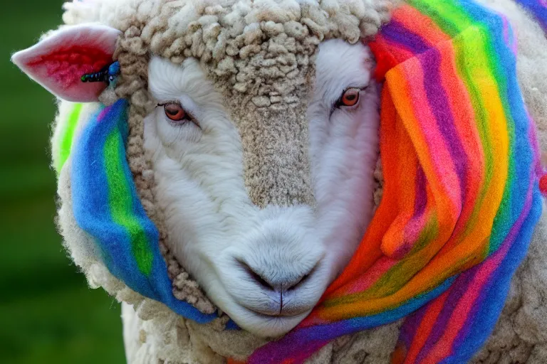 Image similar to a photo of a sheep with rainbow colored wool