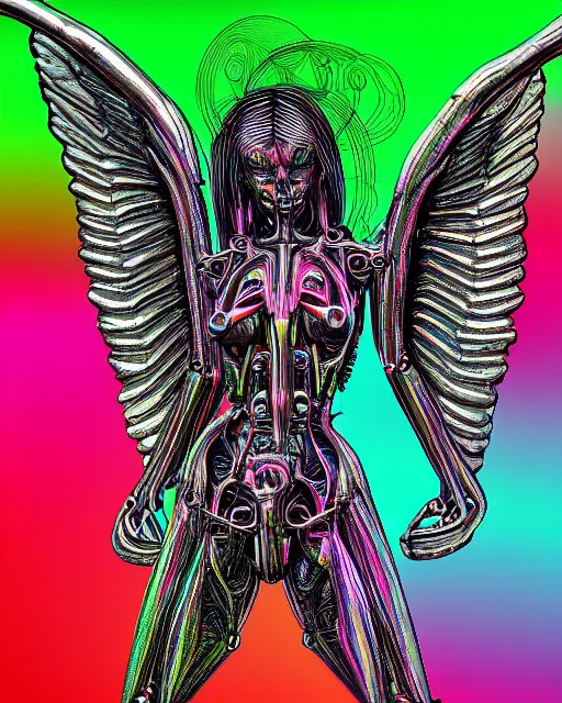 Image similar to biomechanical angel by HR Giger, chromatic aberration rainbow color scheme