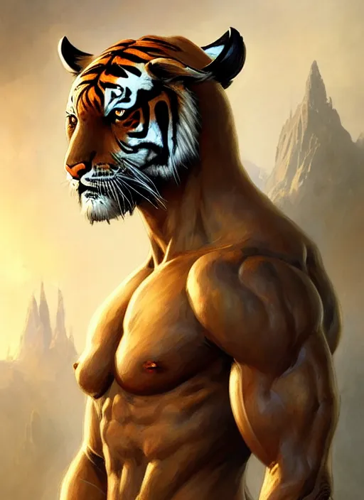 Image similar to portrait of tiger, d & d, muscular! fantasy, armour, intricate, elegant, highly detailed, digital painting, artstation, concept art, smooth, sharp focus, illustration, art by artgerm and greg rutkowski and alphonse mucha