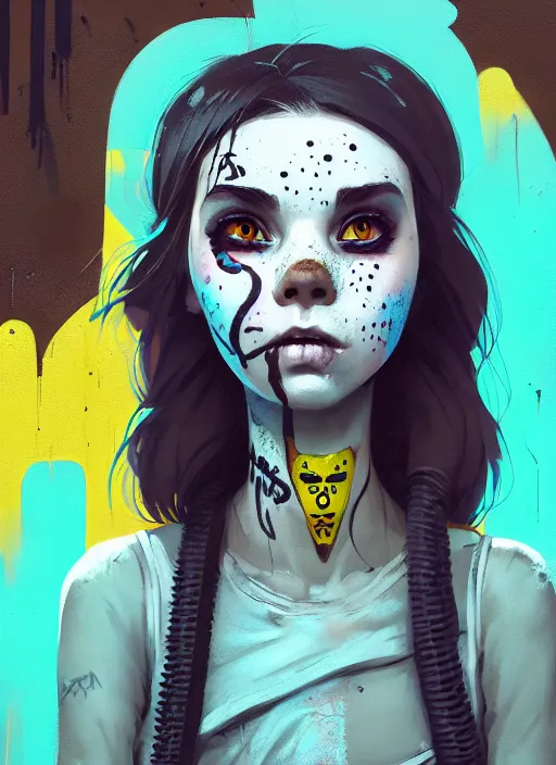 Image similar to highly detailed portrait of a sewer punk young lady with white graffiti face paint by atey ghailan, james gilleard, by joe fenton, by greg rutkowski, by greg tocchini, by kaethe butcher, 4 k resolution, gradient yellow, black, brown and cyan color scheme, grunge aesthetic!!! ( ( dystopian graffiti tag wall in background ) )