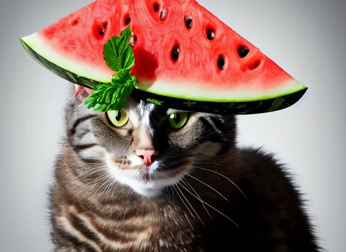 Image similar to photo of a cat wearing a helmet made of a watermelon. fantasy horror style. highly detailed 8 k. intricate. lifelike. soft light. nikon d 8 5 0 5 5 mm. dof. cinematic post - processing.