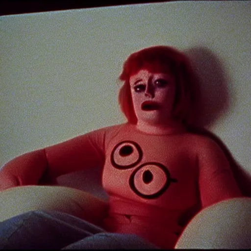 Image similar to still from a 1994 arthouse film about a depressed woman dressed as an inflatable smiley who meets a handsome younger man in a seedy motel room, color film, 16mm soft light, weird art on the wall