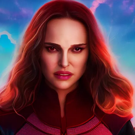 Image similar to Natalie Portman as scarlet witch from MCU, highly detailed, artstation, 8K HDR, sunset.